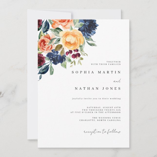 Elegant Fall Burgundy Watercolor Blommigt Bröllop Inbjudningar (Framsida)