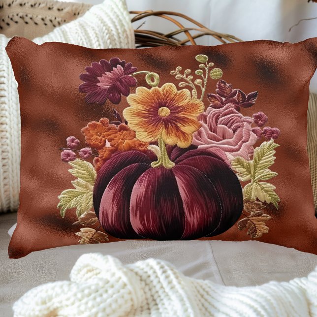 Elegant Fall Embroidered Pumpkin Flowers Prydnadskudde (Skapare uppladdad)