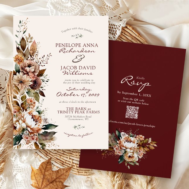 Elegant Fall Floral Burgundy Boho Autumn Wedding Inbjudningar (Elegant watercolor Fall floral burgundy ivory terracotta rustic Autumn QR code wedding invitation)