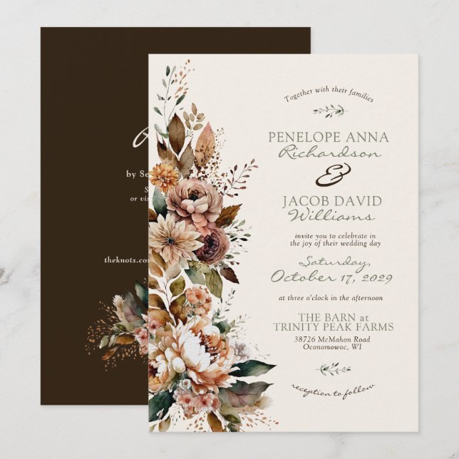 Elegant Fall Floral Dark Brown Boho Autumn Wedding Inbjudningar (Fram/baksida)