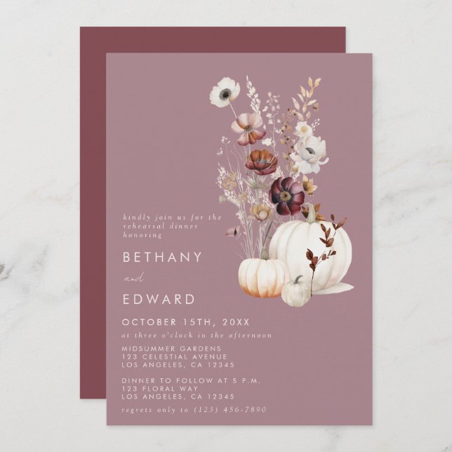 Elegant Fall Floral Pumpkin Rehearsal Dinner Inbjudningar (Fram/baksida)