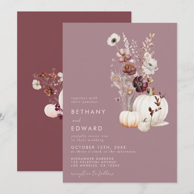 Elegant Fall Floral Pumpkin Wedding Invitation Inbjudningar (Fram/baksida)