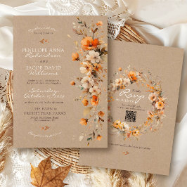 Elegant Fall Floral Rustic Kraft Autumn QR Wedding Inbjudningar
