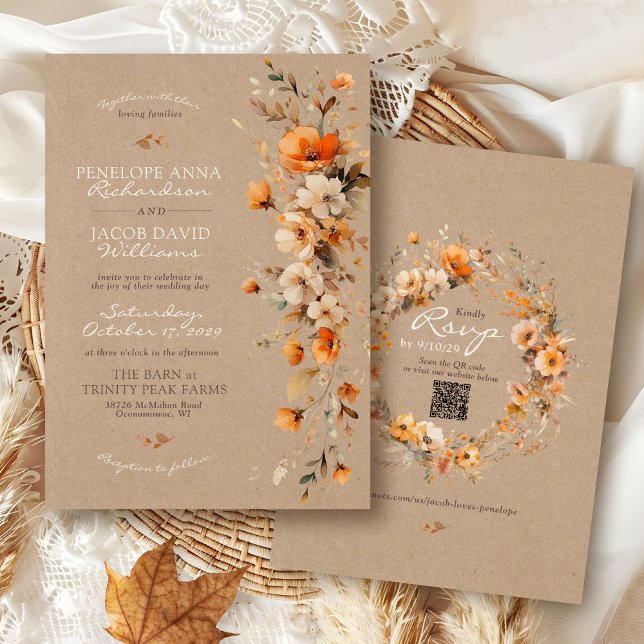 Elegant Fall Floral Rustic Kraft Autumn QR Wedding Inbjudningar (Elegant Fall floral rustic kraft modern watercolor flowers boho QR code Autumn wedding invitation)