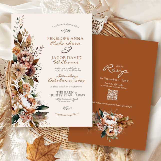 Elegant Fall Floral Terracotta Boho Autumn Wedding Inbjudningar (Elegant watercolor Fall floral terracotta rust burgundy rustic Autumn QR code wedding invitation)
