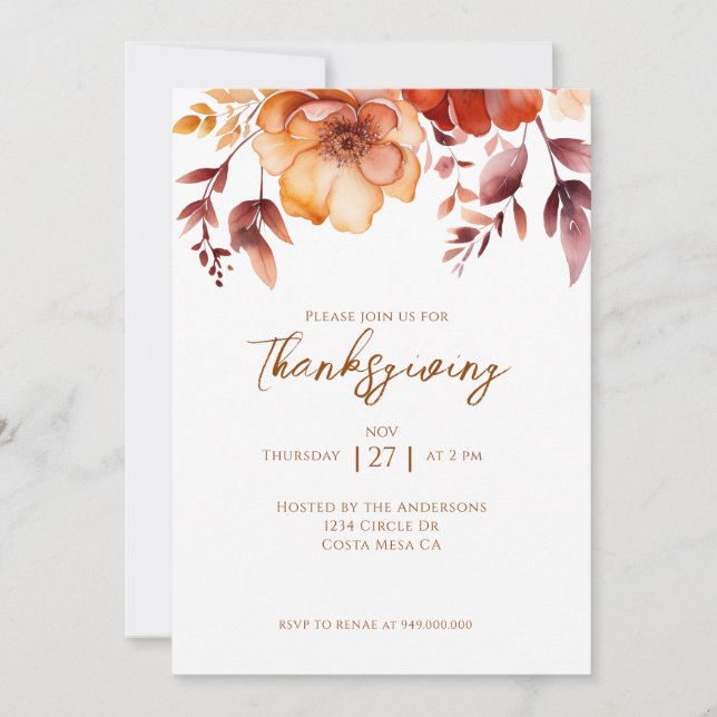 Elegant Fall Floral Thanksgiving Party  Inbjudningar (Framsida)