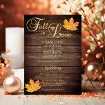 Elegant FALL I KÄRLEK Rustic Wood Bröllop Inbjudningar<br><div class="desc">För detta fall/hösttema i bröllop är det lätt att redigera dessa vackra Rustic-träkort och guld-inbjudningskortkort. FALLER I KÄRLEK i guld topografi och guld orange metallisk löv ge,  dessa kort är en extra elegans. Kortets baksida har faux guld hjärta med brud och brudgumms monogram. Kontaktdesigner för fler varianter.</div>
