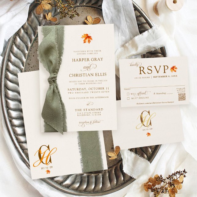 Elegant Fall Leaves Autumn Rustic Ribbon Wedding Inbjudningar (Elegant beige rust orange brown watercolor fall maple leaf simple modern Autumn wedding invitation)