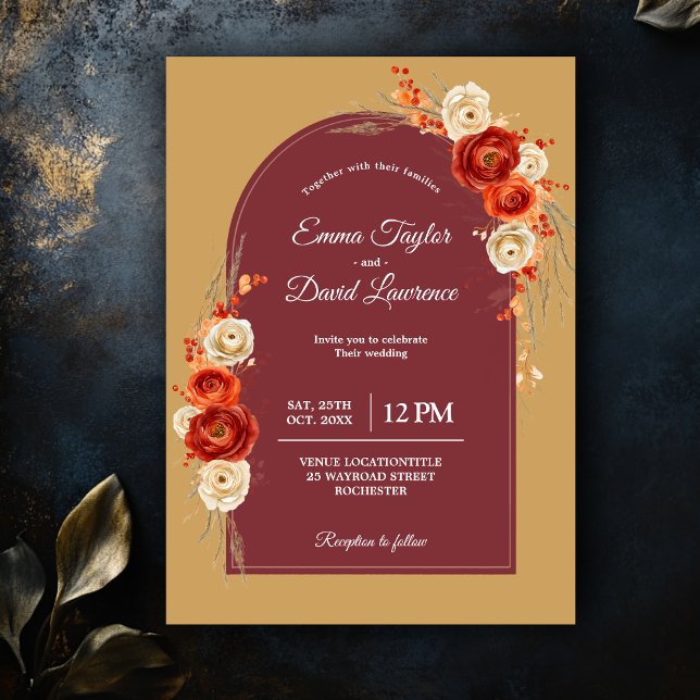 Elegant fall orange terracotta blommigt bröllop inbjudningar (Skapare uppladdad)