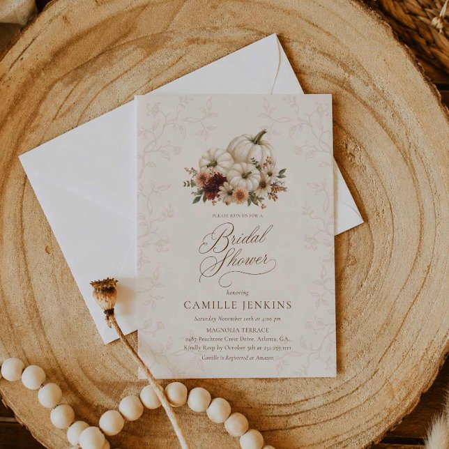 Elegant Fall Pumpkin Bröllopsdusch Inbjudan (Rustic Pumpkin and Fall Floral Bridal Shower Sign)