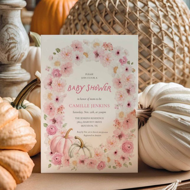 Elegant Fall Rosa Pumpa Blommig Flickas Baby Showe Inbjudningar (Pink Pumpkin Floral Fall Girl Baby Shower Invite)