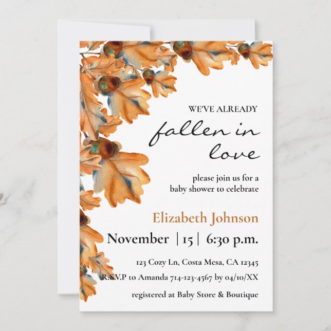 Elegant Fall Watercolor Orange Foliage Baby Shower Inbjudningar (Framsida)
