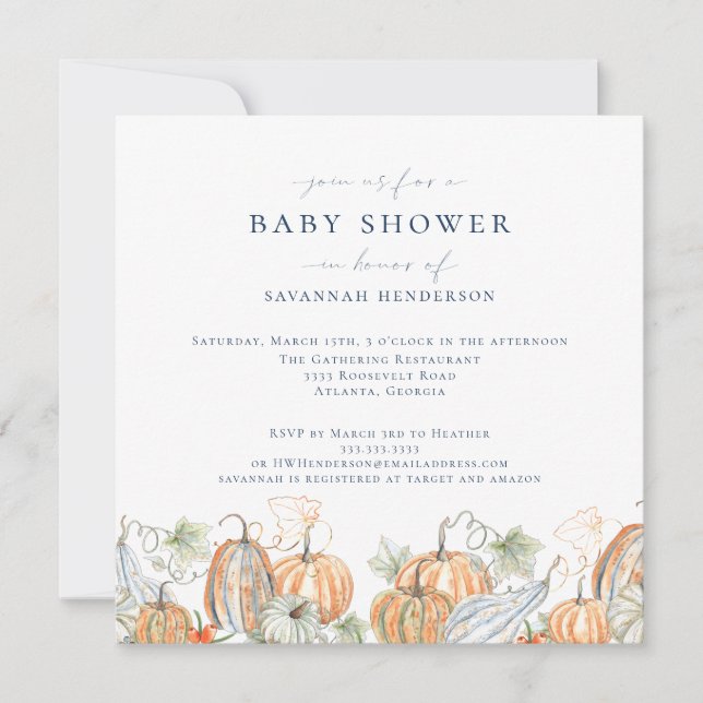 Elegant Fall Watercolor Pumpkin Baby Shower Inbjudningar (Framsida)