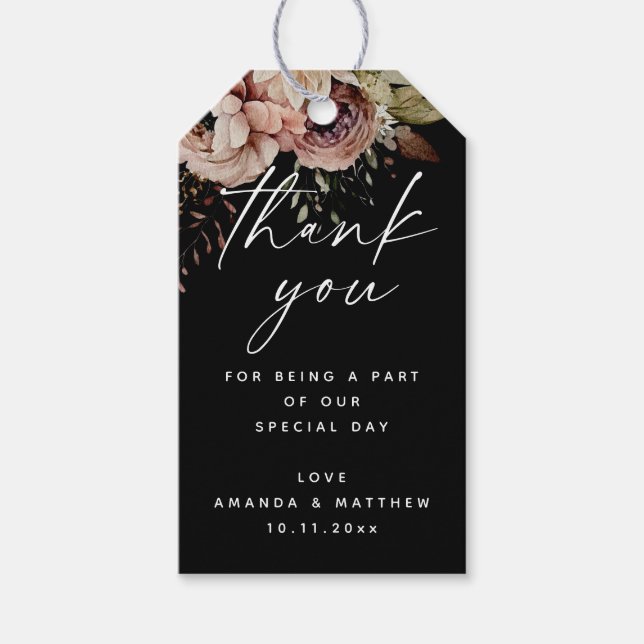 Elegant Fall Wedding | Black Boho Blommigt Tack Presentetikett (Framsidan)