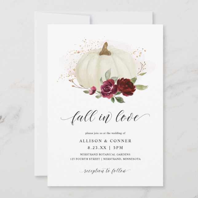 Elegant Fall Wedding Pumpkin Burgundy Ro Inbjudningar (Framsida)