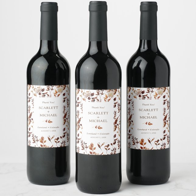 Elegant Fall Wedding Vinflaska Etikett (Elegant Fall Floral Wedding Wine Label by Painted Paperie
)