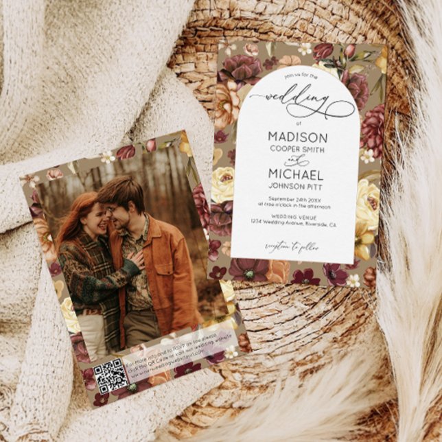 Elegant Fall Wildblommor QR-kod Foto Bröllop Inbjudningar (Skapare uppladdad)
