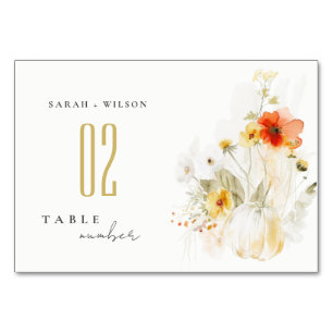 Elegant Fall Wildblompumpkin Watercolor Bröllop Bordsnummer
