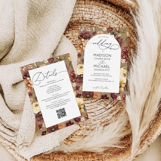 Elegant Fall Wildrows Blommigt QR Code Bröllop Inbjudningar (Skapare uppladdad)