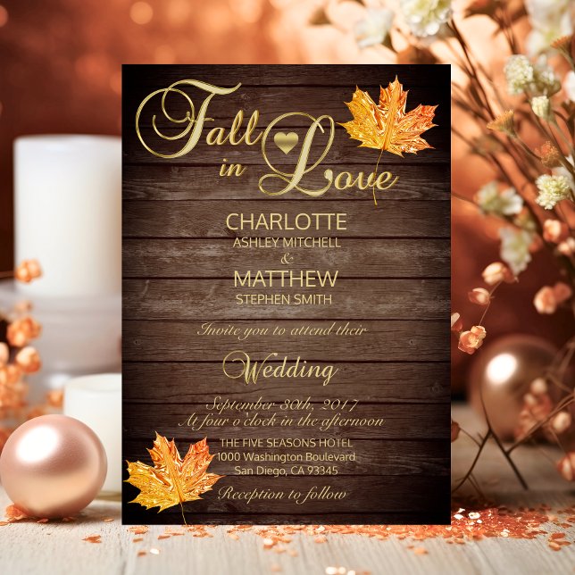 Elegant FALLER I LJUS Rustik Trä Bröllop Inbjudningar (Elegant FALL in LOVE Rustic Wood Wedding Invitation)
