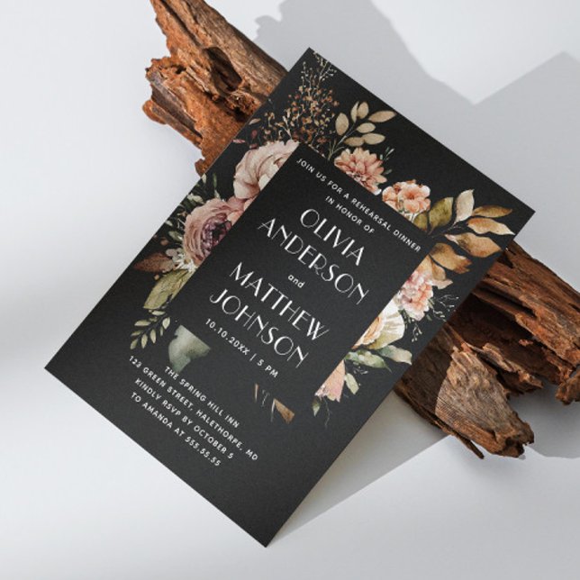 Elegant faller svart blommigt bröllop repetitionsm inbjudningar (Skapare uppladdad)