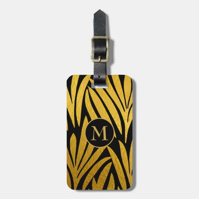 Elegant Fals Guldblad Svart Monogrammerad Bagagebricka (Vertikal Framsida)