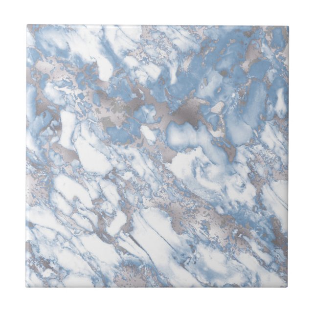 Elegant Fals Marmor Vit Dammig Blå Silver Kakelplatta (Framsidan)