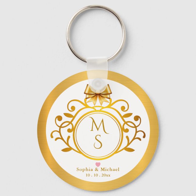 Elegant falsk guld folie monogram bröllopsfavorit nyckelring (Framsida)