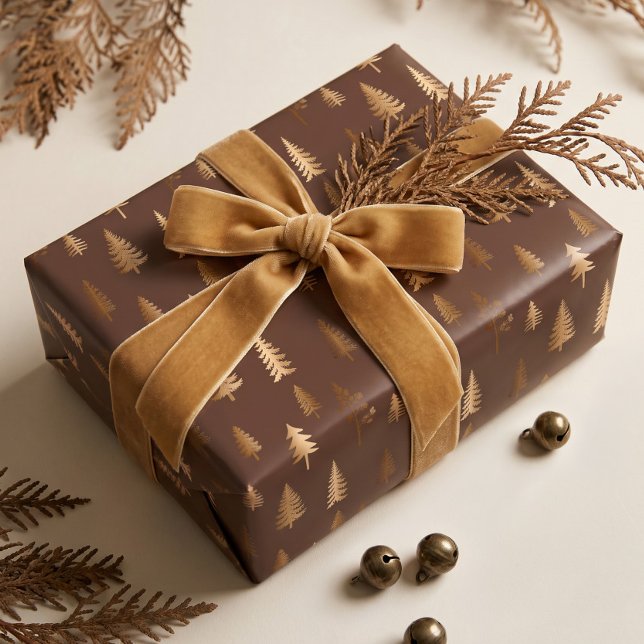 Elegant falsk guld tall skog jul presentpapper (Elegant Faux Gold Pine Tree Forest Christmas Wrapping Paper)