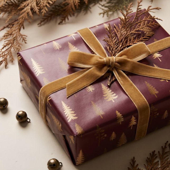 Elegant Falsk Guld Tall Skog Jul Presentpapper (Elegant Faux Gold Pine Tree Forest Christmas Wrapping Paper)