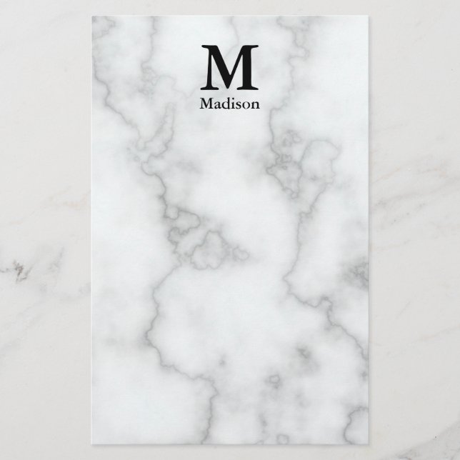 Elegant falsk vit marmor svart namnmonogram brevpapper (Framsida)