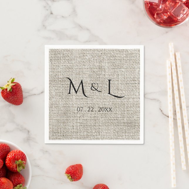 Elegant falskt linne svart monogram datum bröllop  pappersservett (Insitu)