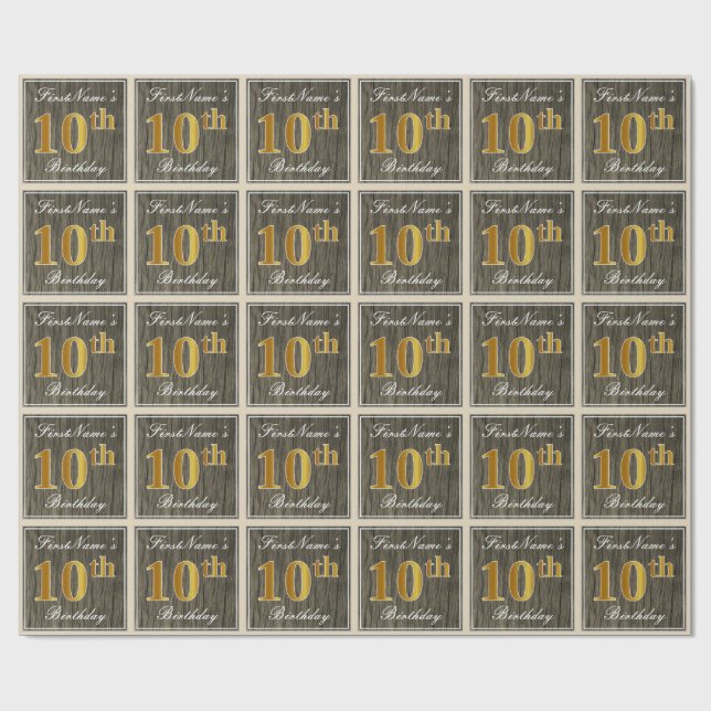 Elegant, Falskt Trä, Falskt Guld 10-årsdag + Namn Presentpapper (Platt)