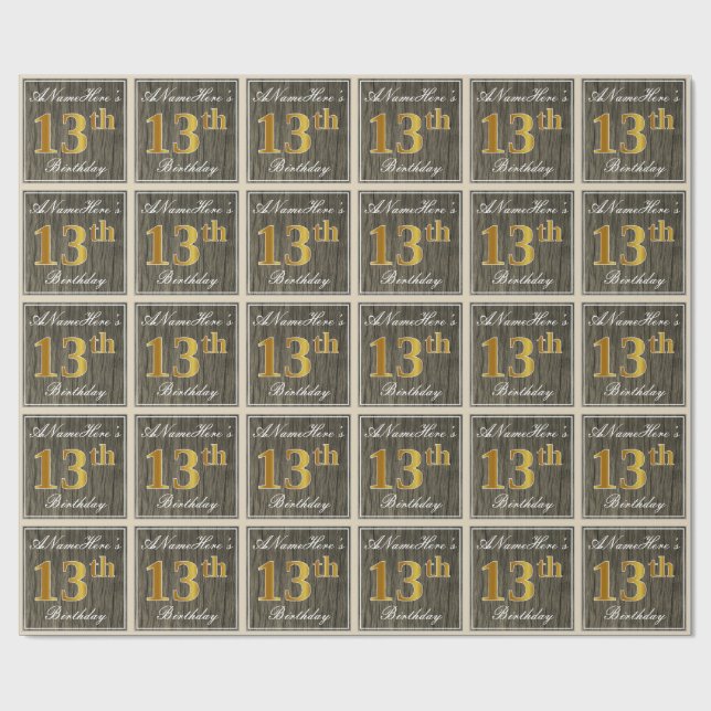 Elegant, Falskt Trä, Falskt Guld 13-årsdag + Namn Presentpapper (Platt)