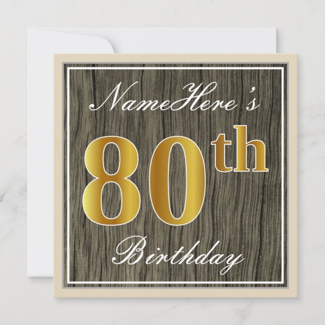 Elegant, Falskt Trä, Falskt Guld 80-årsdag + Namn Inbjudningar (Framsida)
