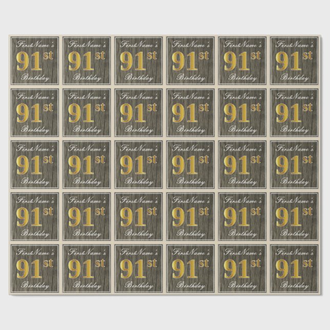 Elegant, Falskt Trä, Falskt Guld 91-årsdag + Namn Presentpapper (Platt)