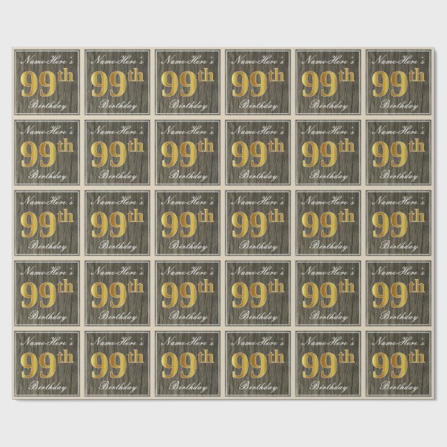 Elegant, Falskt Trä, Falskt Guld 99-årsdag + Namn Presentpapper (Platt)