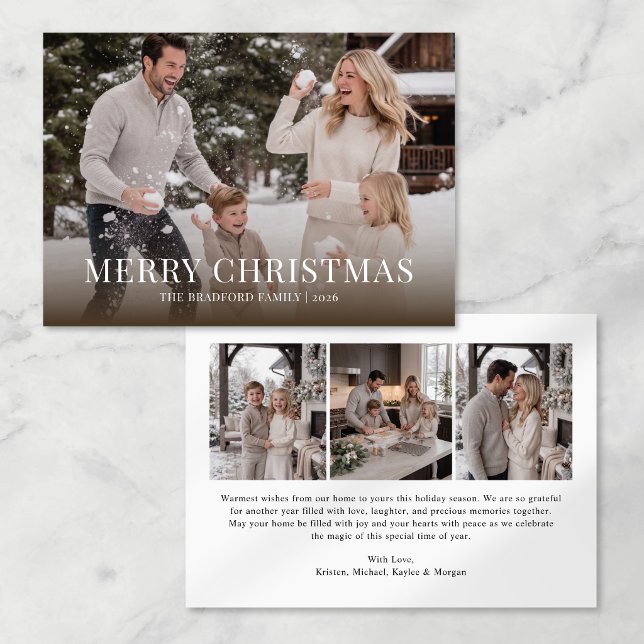 Elegant familjefotocollage julkort (elegant minimalist horizontal landscape merry christmas photo card with small collage on back)