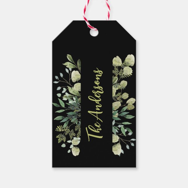 Elegant-familjen namn botaniska löv svart presentetikett (Framsidan)