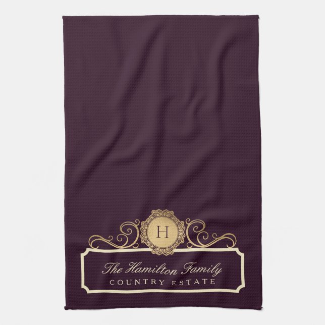 Elegant Family Home Monogram Burgundy Plum Vin Kökshandduk (Vertikal)