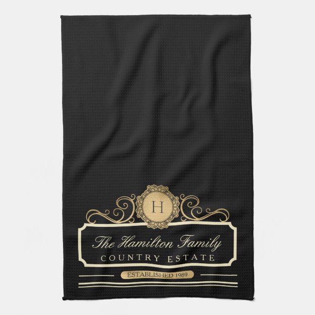 Elegant Family Home Monogram Guld Black Kitchen Kökshandduk (Vertikal)