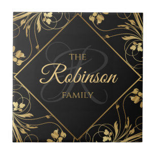 Elegant Family Namn Monogram Black and Guld Blommi Kakelplatta