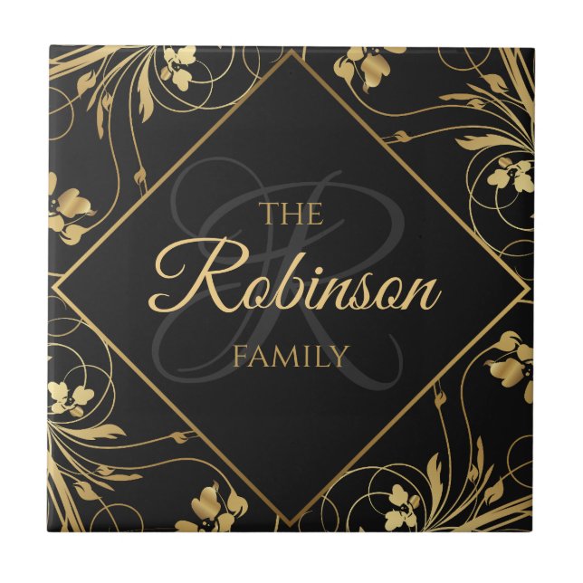Elegant Family Namn Monogram Black and Guld Blommi Kakelplatta (Framsidan)