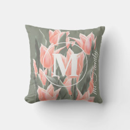 Elegant Family Namn Monogram Peach Tulips-målning Kudde