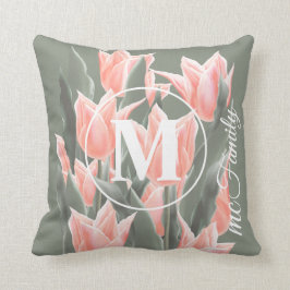 Elegant Family Namn Monogram Peach Tulips-målning Kudde
