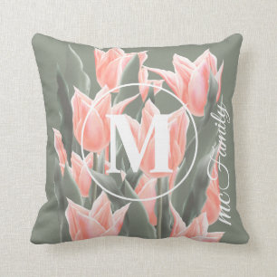 Elegant Family Namn Monogram Peach Tulips-målning Kudde