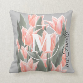 Elegant Family Namn Monogram Peach Tulips-målning Kudde