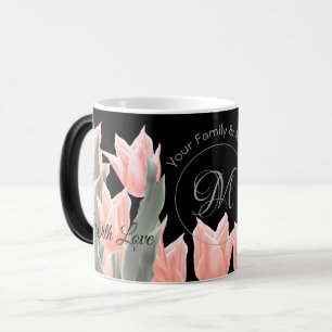 Elegant Family Namn Monogram Peach Tulips-målning Magisk Mugg