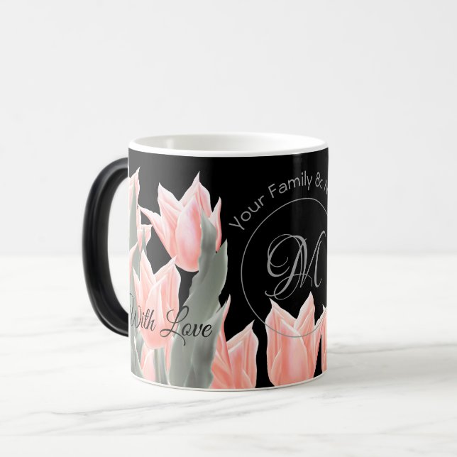 Elegant Family Namn Monogram Peach Tulips-målning Magisk Mugg (Framsida vänster)
