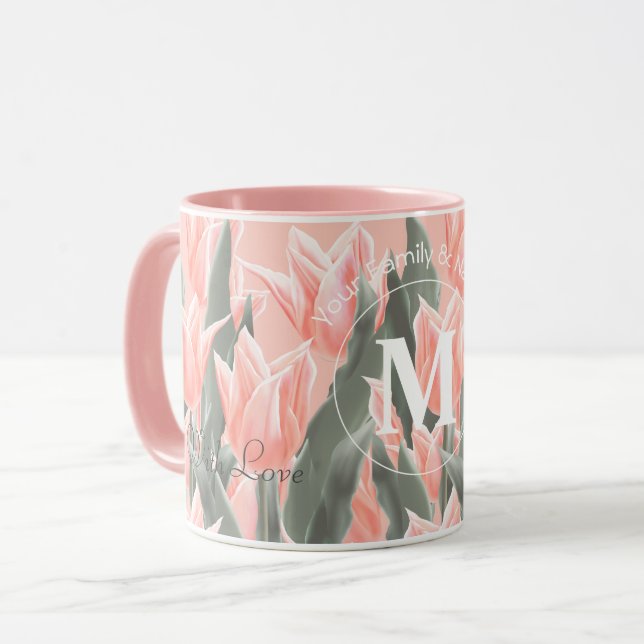 Elegant Family Namn Monogram Peach Tulips-målning Mugg (Framsida vänster)